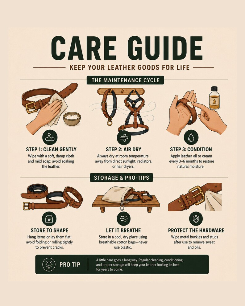 Knotty Oso leather care guide infographic showing three steps: clean gently, air dry, condition, and long-term breathability storage tips.