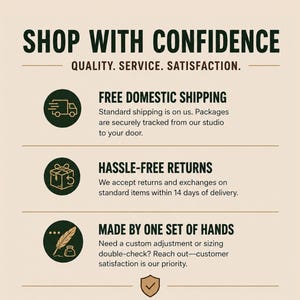 Knotty Oso shop policies infographic detailing complimentary domestic shipping, trackable USPS transport, and standard item returns.