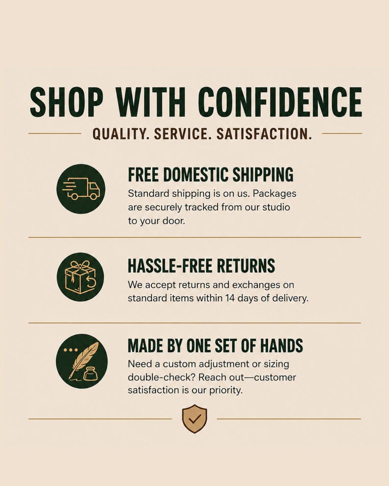 Knotty Oso shop policies infographic detailing complimentary domestic shipping, trackable USPS transport, and standard item returns.