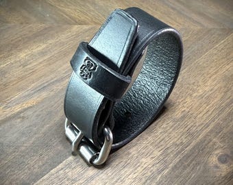 1.5" Black Leather Wrist Cuff with Steel Hardware, Adjustable Minimalist Bracelet, Heavy Duty Wristband, Classic Handcrafted Cuff