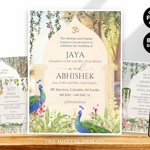 Aanpasbare Indiase huwelijksuitnodiging - 3-daagse koninklijke levendige Canva-ontwerpen voor bestemmingsbruiloften, hindoeïstische ceremonies en Desi-vieringen