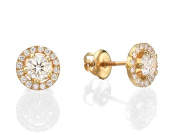 Trendy Small Diamond Halo Stud 14K Gold Earrings