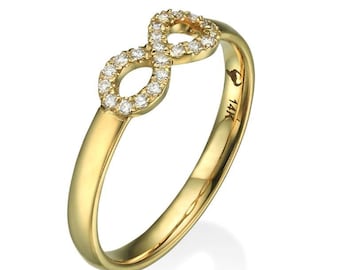 14K  Yellow Of Infinity Ring With Sparkling Diamonds. Minimalist And Trendy Ring. Size 6.5 US