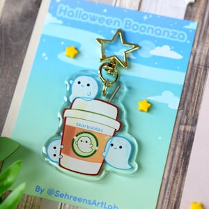 Cute Halloween Coffee latte Keychain-Kawaii Acrylic Keychain-Cute Spooky Art- Easter Gift-Coffee Barista Gift-Coffee Gift for her-Latte cute