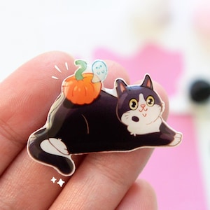 Cute Halloween cat and ghost pin-tuxedo cat pin-Pumpin ghost spooky kawaii pin-enamel pins-acrylic pin-enamel pins-for her