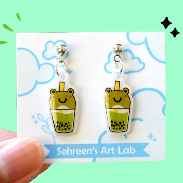 Frog Matcha Green Bubble Tea Earrings Dangles-Cute frog earrings-Frog gift-Frog lovers-Kawaii frogs- Frog jewelry- Matcha bubble Tea lover-