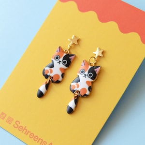 Calico cat dangle earrings-Calico Cat earrings-Cute earrings-For her-Cat gift-Cat mom jewelry-Cat jewelry Gift for Women- for kids-Cat gift