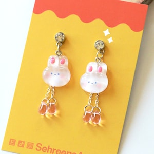 Bunny soft pink and white dangle earrings-kawaii earrings jewelry-rabbit bunny gift-Cute-mochi statement earrings-gift for her-for kids