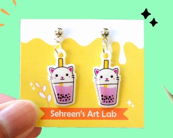 Cat Milky Strawberry Bubble Tea Earrings-Bubble Tea Earring-Boba cat kawaii dangles-cat kitty jewelry-Cute Earrings for her-Bubble tea lover