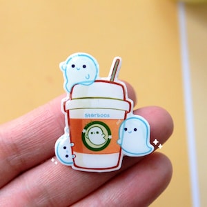 Cute coffee latte pin- Acrylic pin- Ghosts pins- Enamel pins- Pins for bags -cute pins- Kawaii pins- Halloween decor- Halloween art- Badge