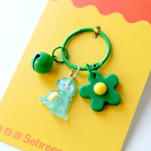 Cute dino keychain-Dino charm- Dinosaur keychains-Cute keychain-Dino green flower-kawaii dino keychain- gift for her- gift for kids-for her