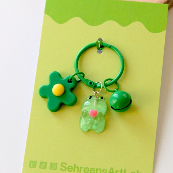 Frog Keychain – Green Flower, Bell Charm, Kawaii Gift