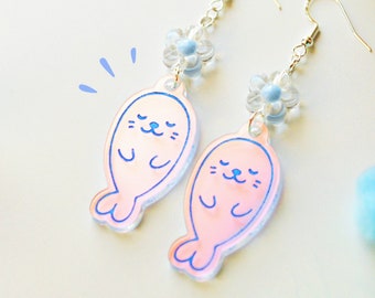 Seal earrings- Cute blue seal flower spring earrings- flower earrings- ocean earrings- seal jewelry -cute seals-kawaii seal jewelry earrings