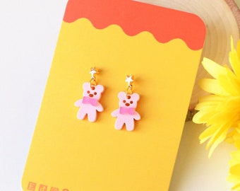 Kawaii Bear bowtie Valentines Day Earrings- Small tiny studs cute heart Valentines Day gift-Pink Bear Statement Jewelry- Valentines day gift