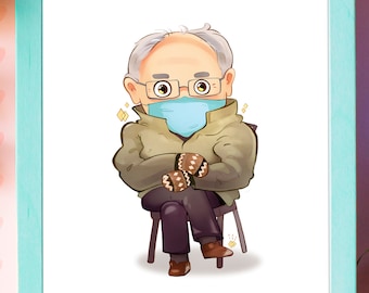 Bernie Sanders Mittens Art Print - Kawaii Illustration