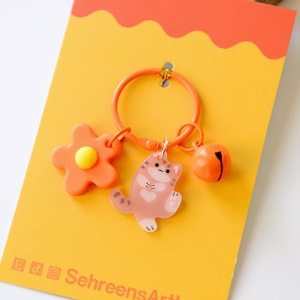 Cute cat keychain- Cat charm- Kitty keychains- cat gift- Cat mom- Cat orange flower-kawaii cat keychain- gift for her- gift for kids-for her