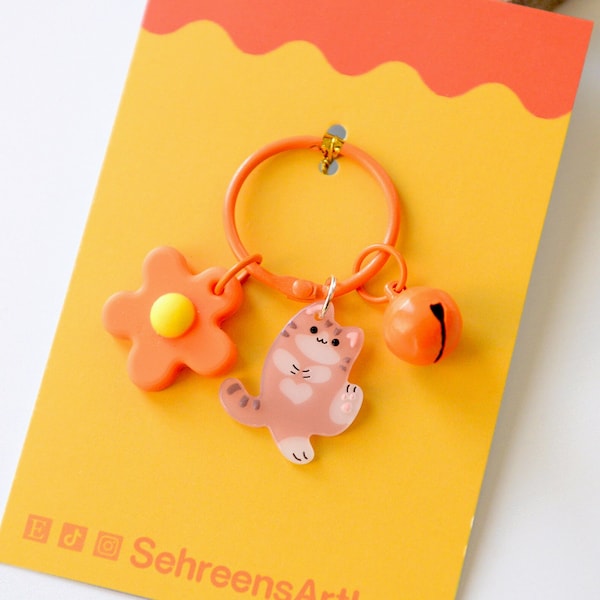 Kawaii Cat Keychain – Orange Flower & Bell Charm