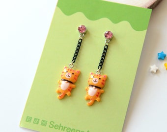 Orange Tabby Cat Dangle Earrings – Rhinestone & Stainless Steel