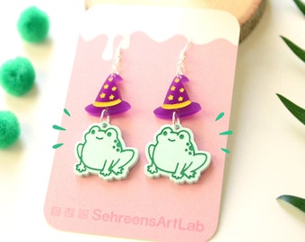 Frog wizard pastel green earrings- Cute kawaii frog witch wizard magic statement earrings-Cute jewelry- Frog art-Frog jewelry-Frog earrings