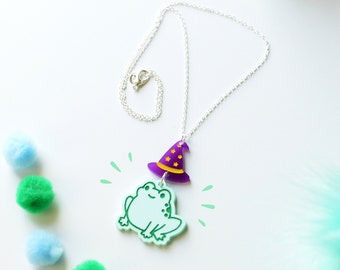 Frog wizard pastel green necklace pendant- chain-Cute kawaii frog witch-wizard magic statement jewelry-Cute necklace-Frog art-Frog jewelry