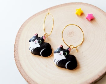 Loaf cat earrings hoops- Hoop earrings- Cat earrings- Tuxedo cat kawaii earrings- Cats jewelry- Cat gift- Cat Mom-Cute jewelry-Gift for her