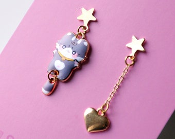 Gray cat earrings- Kawaii cat earring studs- Assymetrical graycat earrings- Heart jewelry for Valentine's day- Valentines day earrings- Cute