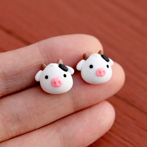 Cute tiny cow fun earrings studs- kawaii cow moo milk earrings for kids-farm gift-Cute statement earrings- quirky earring studs-Cow gift
