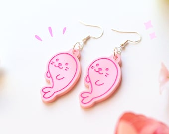 Seal earrings- Cute pink seal flower spring earrings- flower earrings- ocean earrings- seal jewelry -cute seals-kawaii seal jewelry earrings