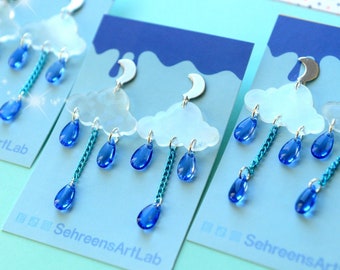 Cloud and rain beads acrylic earrings-Earrings dangle-Cute earrings- Statement Kawaii earrings- Rain Cloud-earrings handmade gift for her