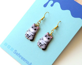 Enamel Cat Dangle Earrings, Gray Tabby Stainless Steel Posts