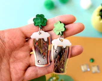 Guiness pint shamrock- Saint Patricks beer earrings - StPatricks day green beer earrings- Green jewelry- Brewery- Cute earrings- Craft beer