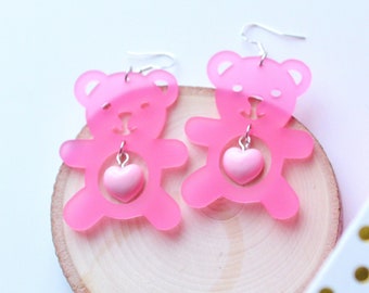 Kawaii Bear Big Valentines Day Earrings- Cute Heart Valentines Day Earrings- Gummy Bear Statement Jewelry- Kawaii Heart Valentines day gift