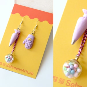 Bakers piping pin and oven mitt glove earrings-Sprinkles bakery Cake earrings-Confetti cake chef pastry-Statement earrings handmade- cake