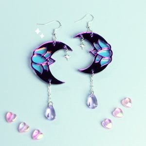 Lotus Moon Purple Acrylic Earrings, Iridescent Celestial Dangle