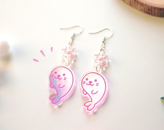 Seal earrings- Cute pink seal flower spring earrings- flower earrings- ocean earrings- seal jewelry -cute seals-kawaii seal jewelry earrings