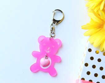 Kawaii bear charm - Acrylic laser cut valentines day keychains- Bear keychain- Hear keychain - Heart acrylic charm keychains-Kawaii keychain