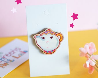Kawaii Teapot Pin – Wooden Brooch