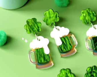 Shamrock Beer Dangle Earrings – Iridescent Acrylic St. Patrick's Day Jewelry