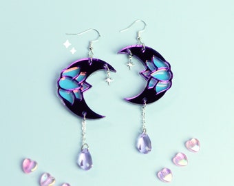 Ethereal lotus moon, purple tear drop earrings- Celestial- magical- cosmic-witchy earrings- Cute fun goth fairy earrings- Statement earrings
