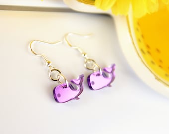 Purple Whale Earrings – Mirrored Acrylic, Surgical Steel Hooks