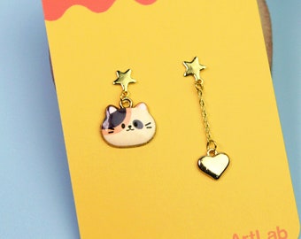 Calico cat earrings- Kawaii cat earring studs- Assymetrical Calico cat earrings- Heart jewelry for Valentine's day- Valentines day earrings