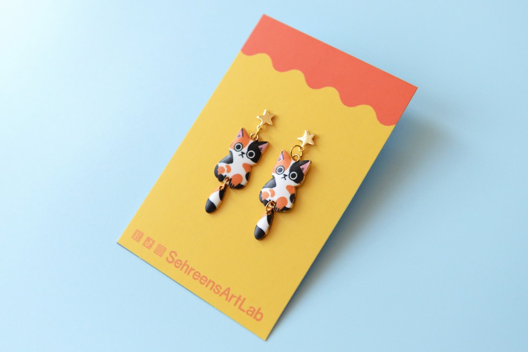 Calico Cat Dangle Earrings – Enamel Cat Mom Jewelry - Etsy