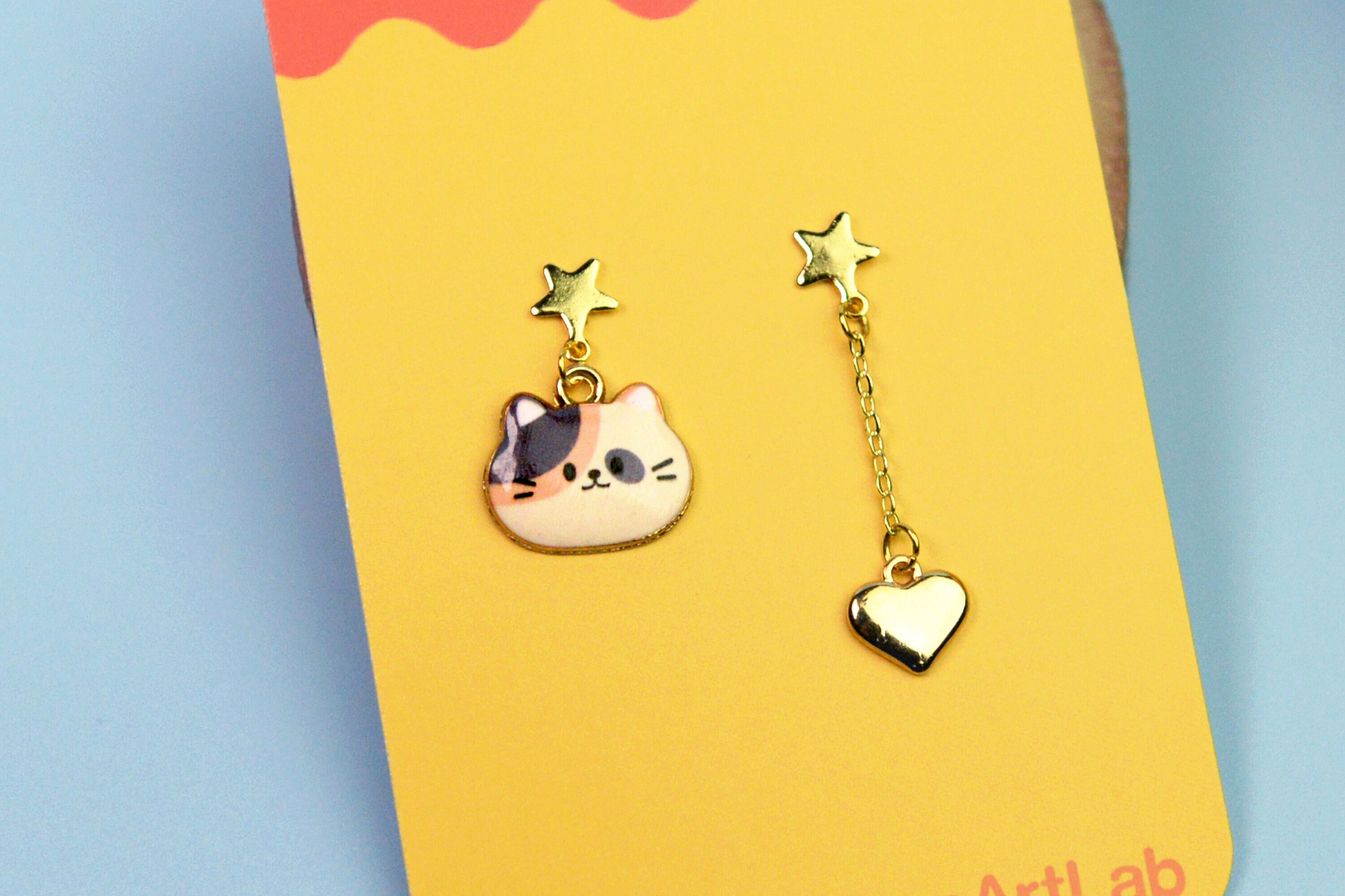 Kawaii Calico Cat Dangle Earrings – Gold Heart Star Studs - Etsy