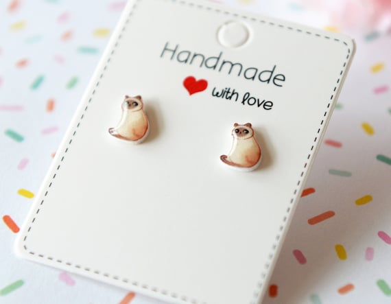 Siamese Cat Art Earrings – Hypoallergenic Studs, Cat Lover Gift