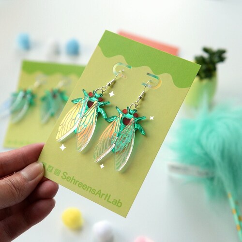 Holographic Cicada Dangle Earrings - Insect Jewelry hypoallergic hooks