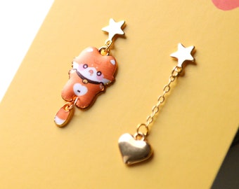 Orange cat earrings- Kawaii cat earring studs- Assymetrical ginger cat earrings- Heart jewelry for Valentine's day- Valentines day earrings