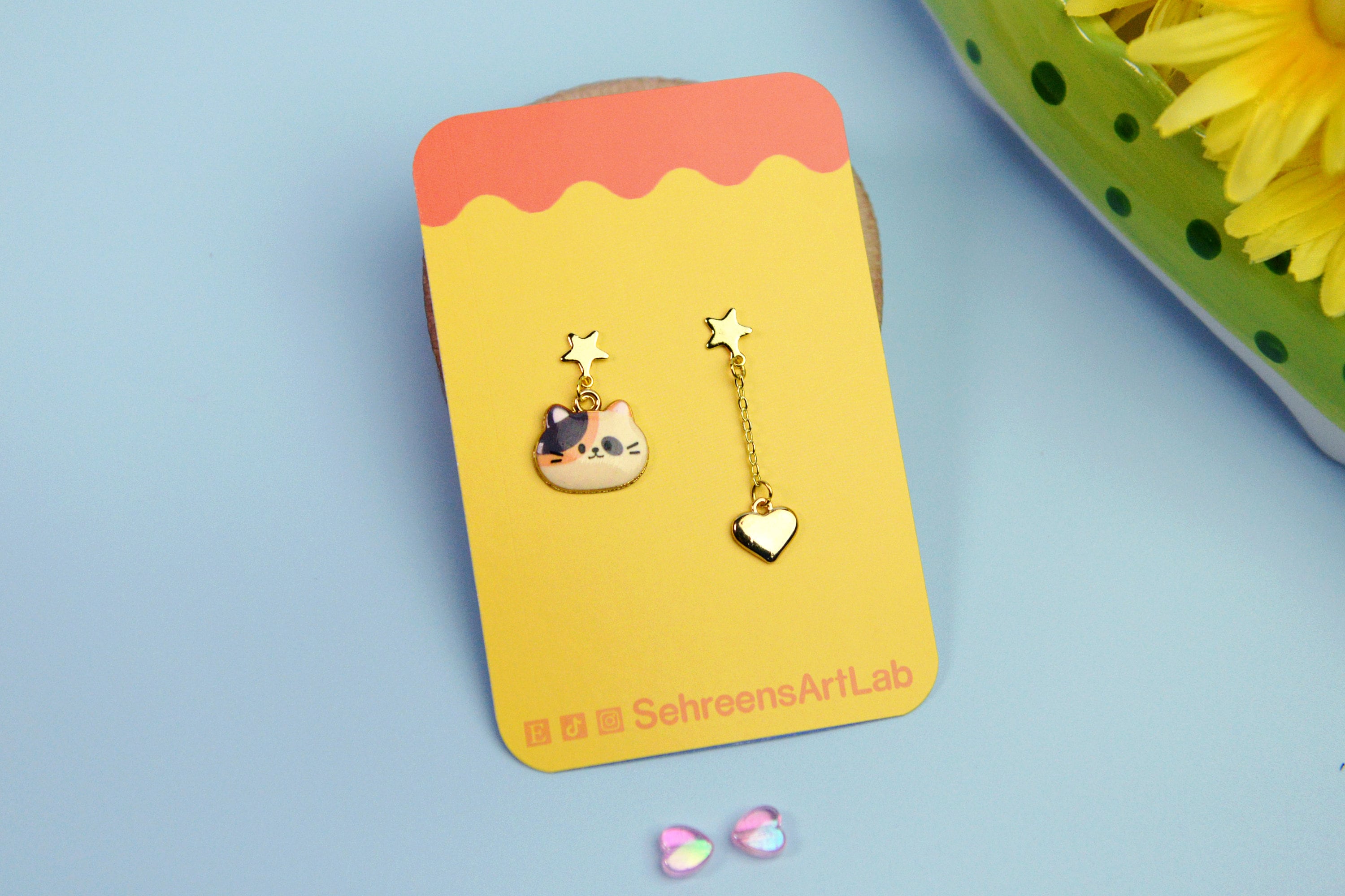 Kawaii Calico Cat Dangle Earrings – Gold Heart Star Studs - Etsy