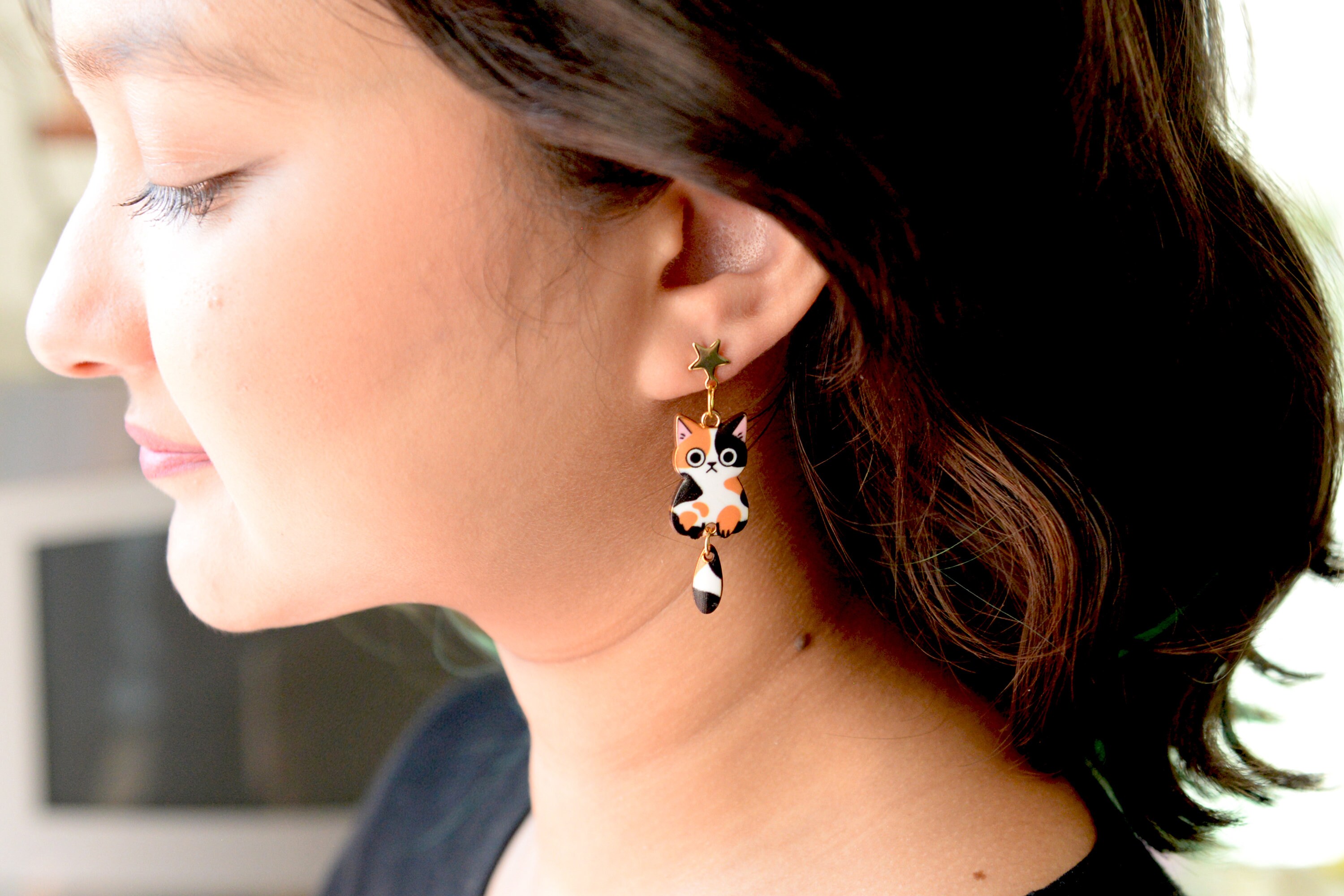Calico Cat Dangle Earrings – Enamel Cat Mom Jewelry - Etsy