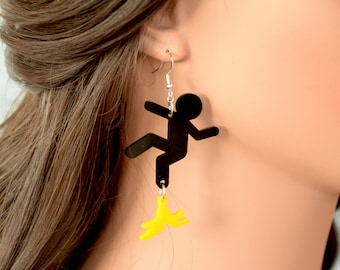 Stick figure slipping on banana peel earrings- Cute earrings -Fun earrings -Statement earrings-Funny earrings -Acrylic earrings-Gift for her