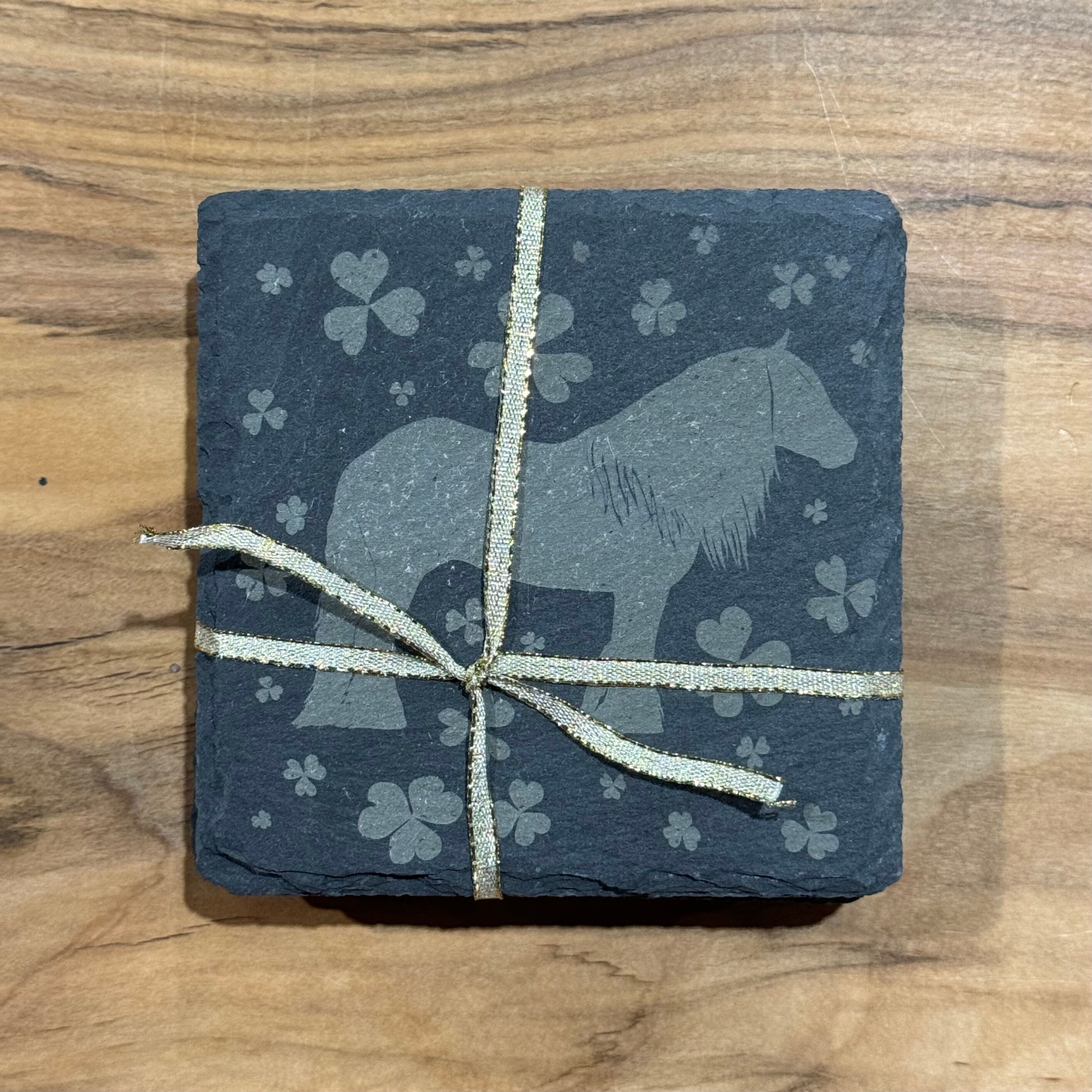 Gypsy Vanner and Clover Slate Coaster Set